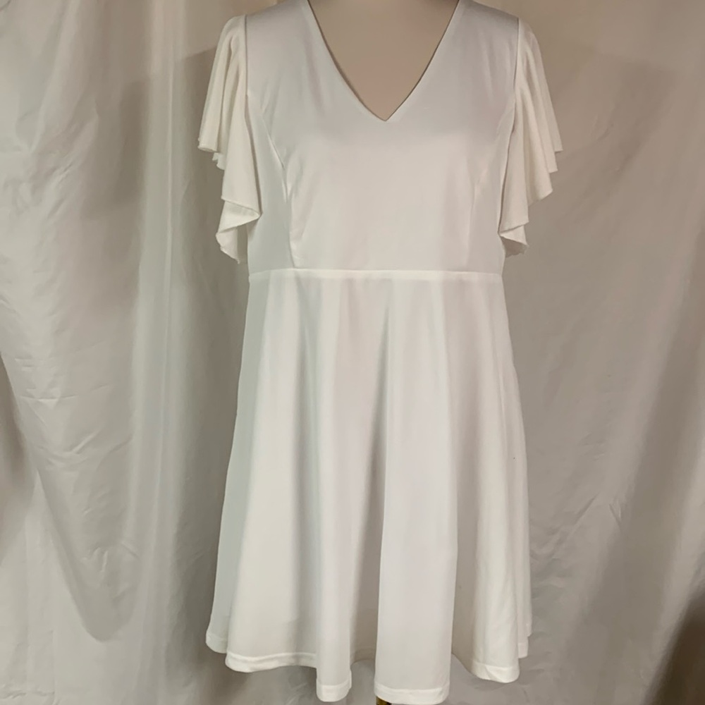 Fancyinn White V-Neck Flutter Sleeve Skater Dress